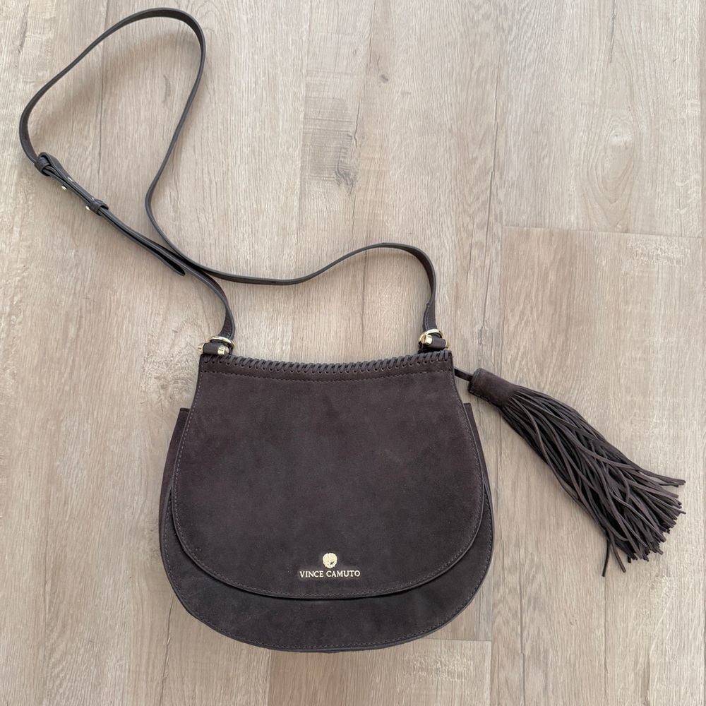 $278 Vince Camuto Whipstitch Tassel Aiko Suede Flap‎ Crossbody Saddle Bag Brown